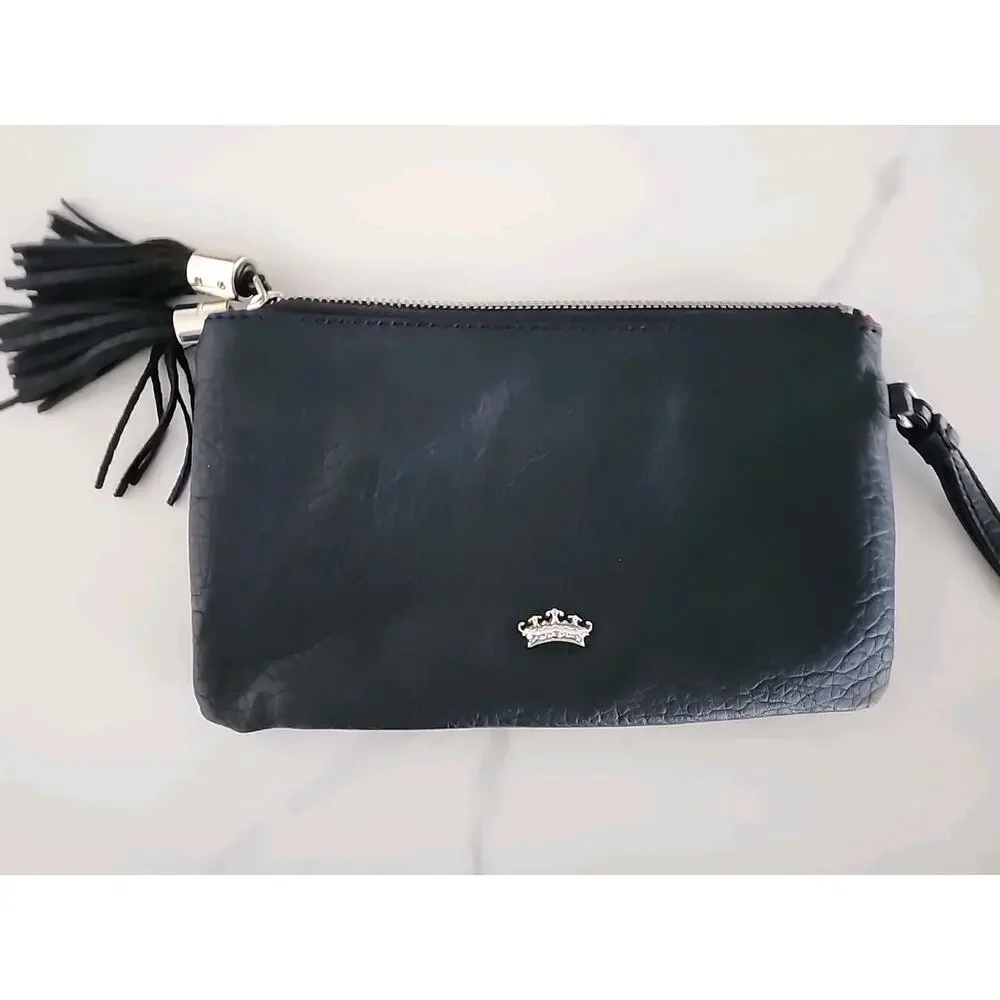 Juicy Couture Wristlet Vintage Black Leather Double Compartment Clutch Tassels